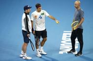 Roger Federer with Severin Luthi and Ivan Ljubicic