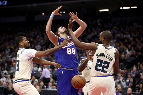 Khris Middleton of the Milwaukee Bucks in action against the Sacramento Kings