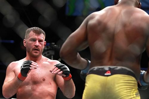 Stipe Miocic (L) believes a bulked-up Fancis NGannou will be easier to beat