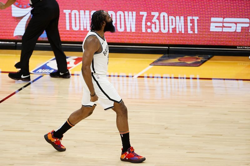 James Harden #13 of the Brooklyn Nets reacts to a three-point shot against the Phoenix Suns during the final moments of the second half of the NBA game at Phoenix Suns Arena on February 16, 2021 in Phoenix, Arizona (Photo by Christian Petersen/Getty Images)