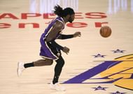 Montrezl Harrell #15 of the LA Lakers steals a pass at center court during Lakers win over the New Orleans Pelicans at Staples Center on January 15, 2021