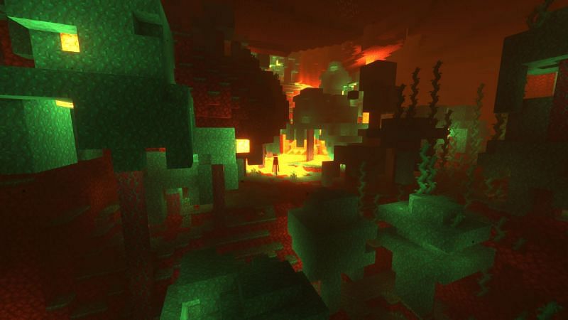 Shown: The Warped Forest biome with Shroomlight (Image via Minecraft)