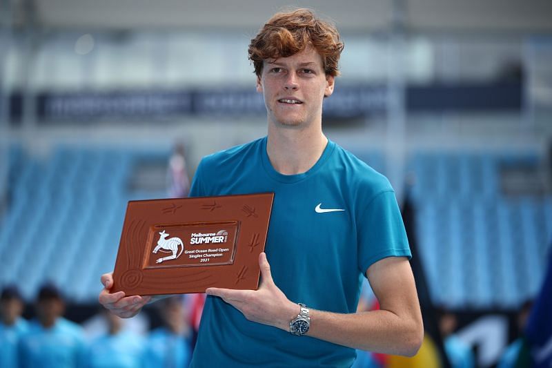 Jannik Sinner with the winner&#039;s trophy at the Great Ocean Road Open in Melbourne, Australia