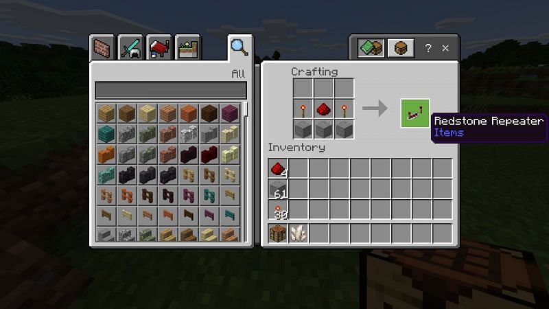 Crafting a redstone repeater in Minecraft