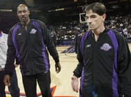 Karl Malone (#32) and John Stockton (#12) of the Utah Jazz