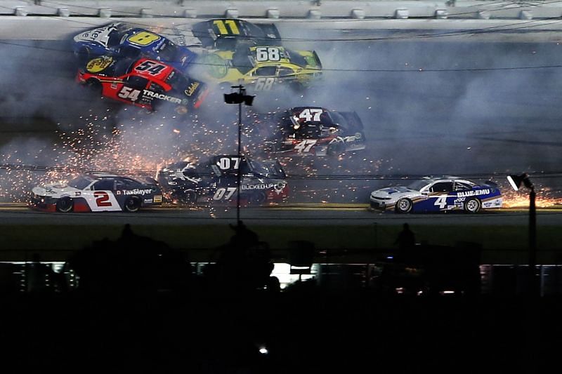 Ty Dillon (No. 54), Josh Berry, Justin Haley, Brandon Brown, and Joe Graf Jr., are involved in a multicar wreck at Daytona. (Photo by Brian Lawdermilk/Getty Images)