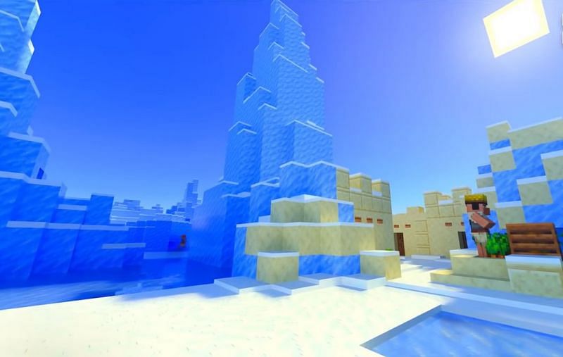 A desert village surrounded by ice spikes in Minecraft. (Image via Minecraft &amp; Chill / YouTube)
