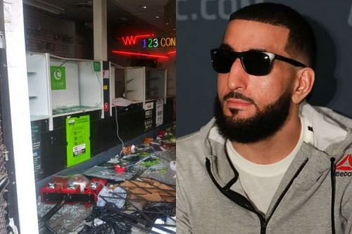 A cell phone store owned by Belal Muhammad's father was destroyed during the BLM protests (Store image credit: @bullyb170 on Twitter)