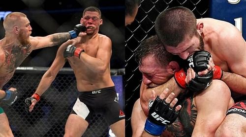 Conor McGregor (far left); Nate Diaz (left); Conor McGregor (right); Khabib Nurmagomedov (far right)