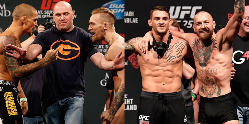 Dustin Poirier and Conor McGregor at weigh-ins of UFC 178 (L) and UFC 257 (R)