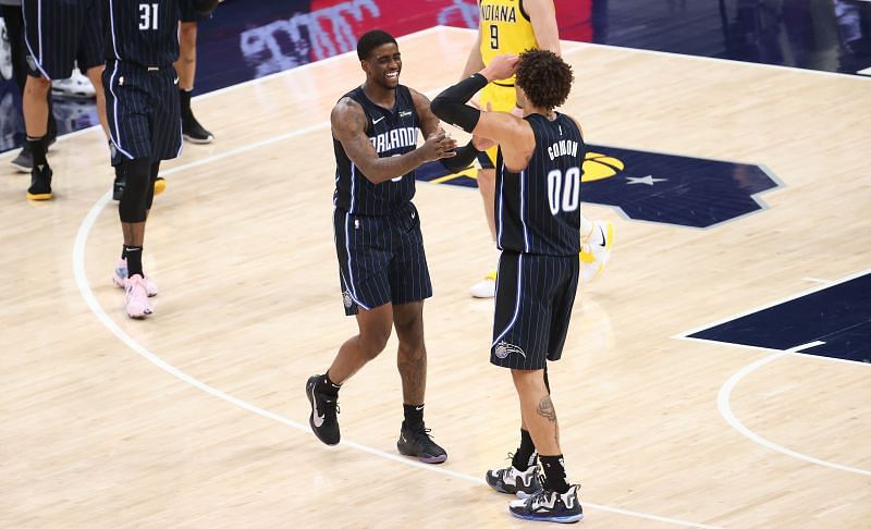 Dwayne Bacon #8 and Aaron Gordon #00 of the Orlando Magic celebrate in a game against the Indiana Pacers