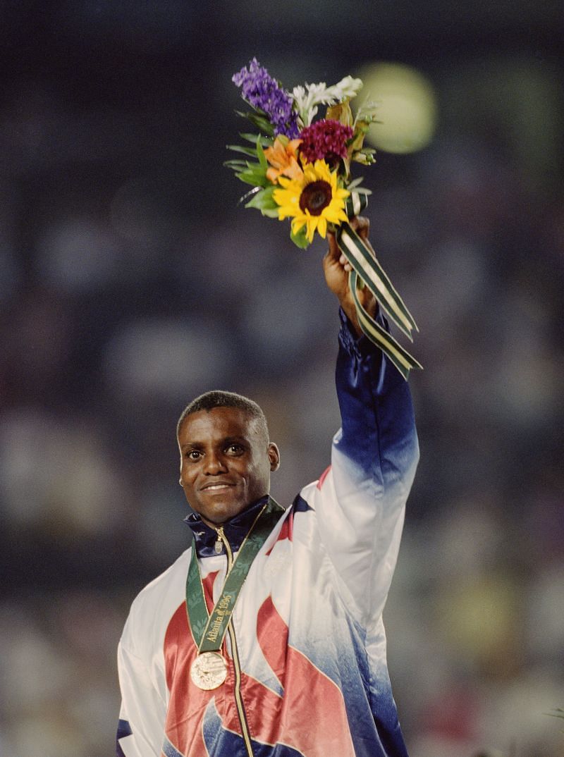 Carl Lewis wins the gold medal in Men&#039;s Long Jump competition at the XXVI Summer Olympic Games in Atlanta, Georgia, United States