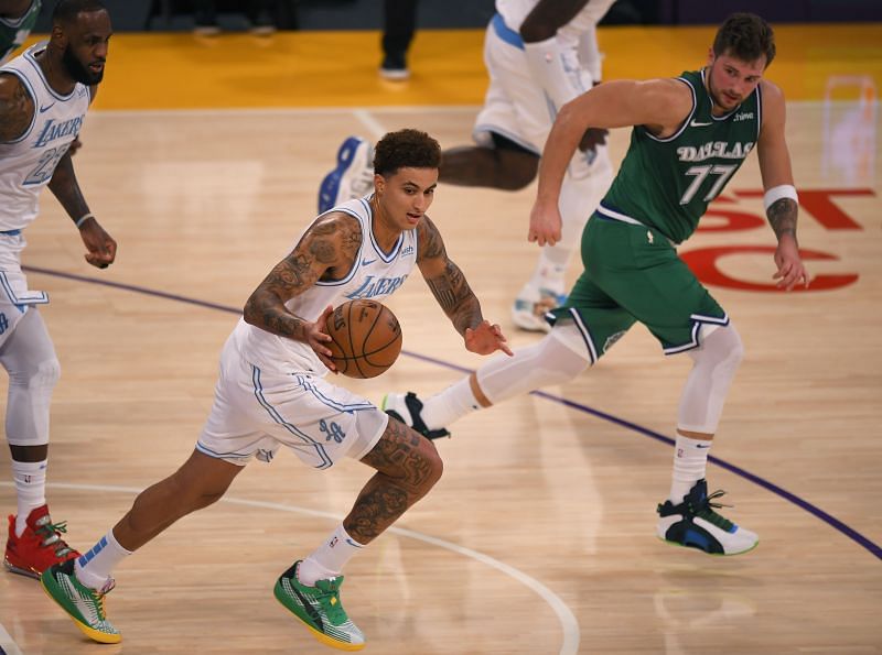 Kyle Kuzma dribbles up the court for the Los Angeles Lakers