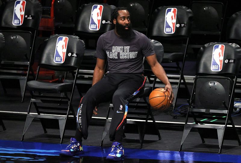James Harden of the Brooklyn Nets during warmups before their game against the LA Clippers