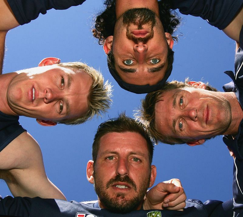 Clockwise: Australian pacers Glenn McGrath, Michael Kasprowicz, Brett Lee, and Jason Gillespie.