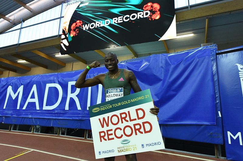 Grant Holloway of the United States celebrates a world record time in the Men&#039;s 60m Hurdles final during the World Athletics Indoor Tour Madrid 2021