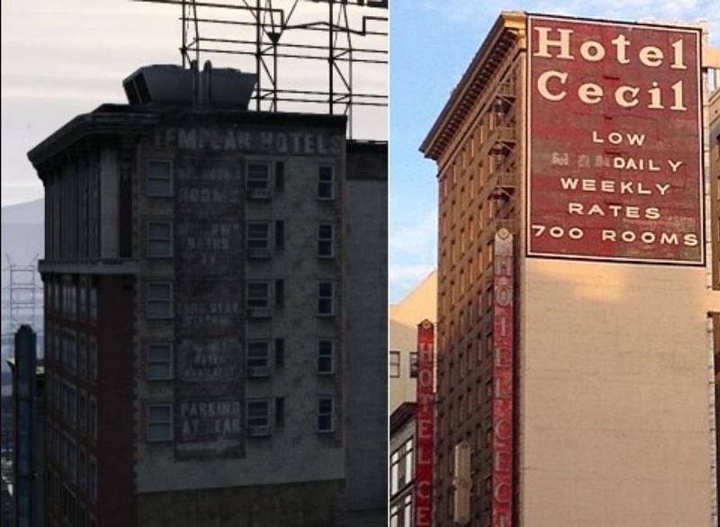 The GTA 5 version of the Cecil Hotel, known as Templar Hotel, features a water tower and a similar design to the original location (Image via GTA Myths Wiki)