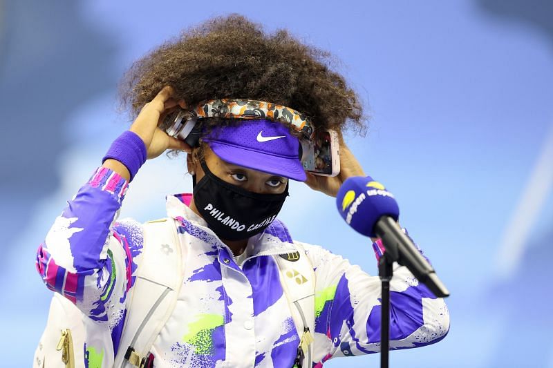 Naomi Osaka wears a black mask with the name of a racial injustice victim