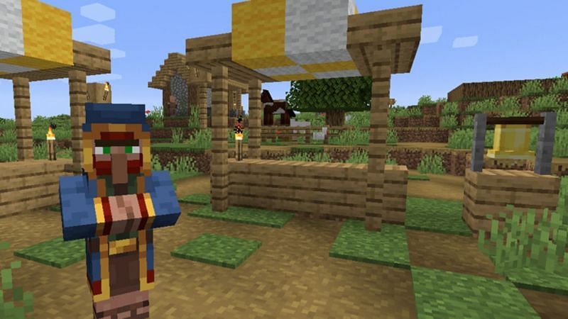 The Wandering Trader in a village square in Minecraft. (Image via Minecraft.net)