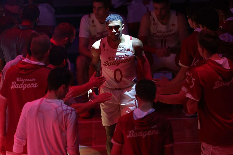 D&#039;Mitrik Trice #0 of the Wisconsin Badgers walks onto the court during player introductions