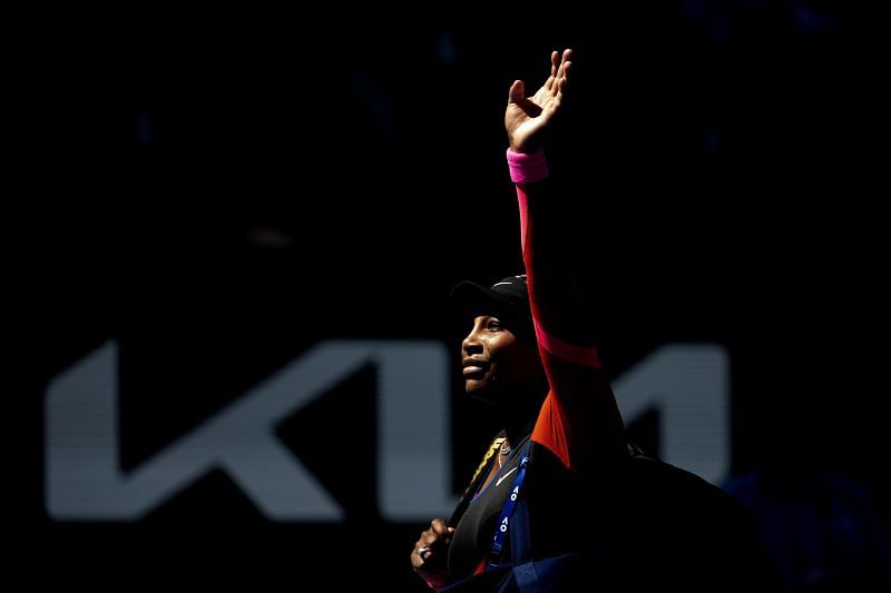 Serena Williams waves goodbye to the crowd following her loss to Naomi Osaka at the 2021 Australian Open