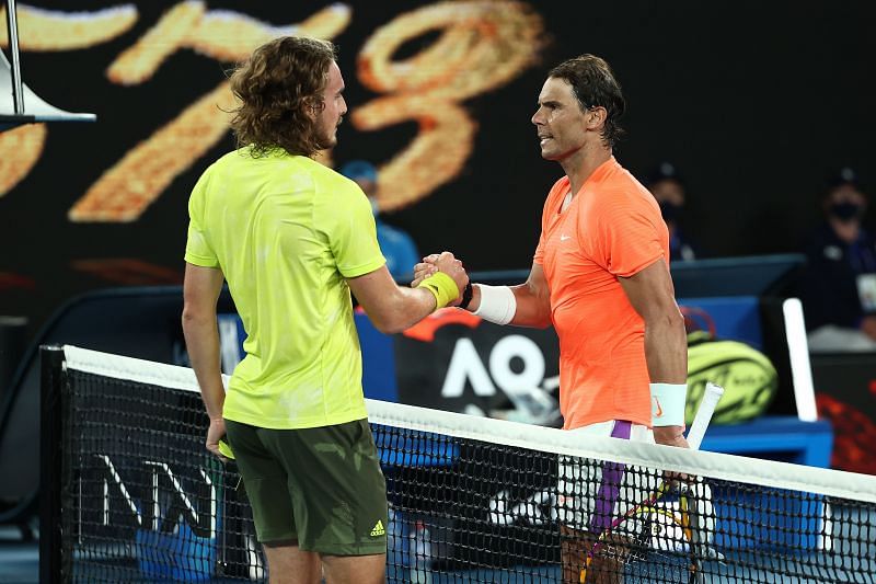 Rafael Nadal shakes hands with Stefanos Tsitsipas after their match