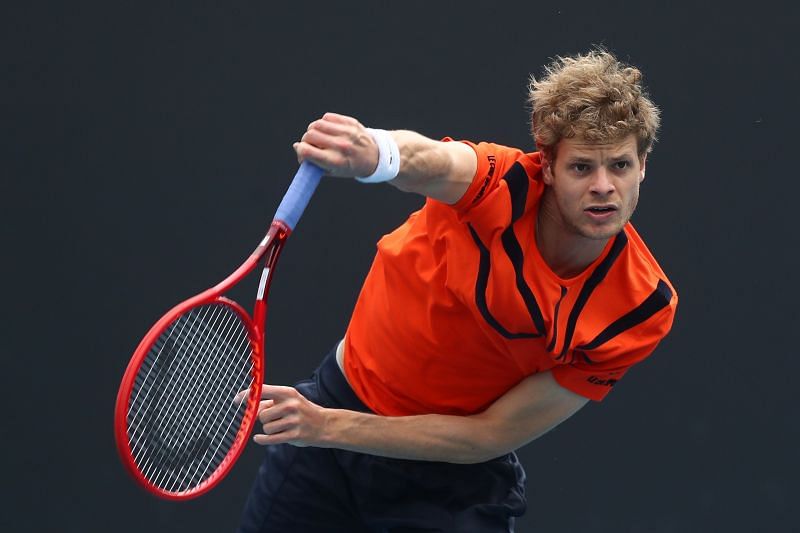 Yannick Hanfmann serves at the 2021 Great Ocean Road Open