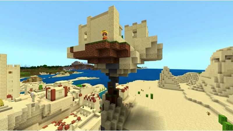Desert village houses balanced precariously on a tiny ledge in Minecraft. (Image via Minecraft &amp; Chill/YouTube)