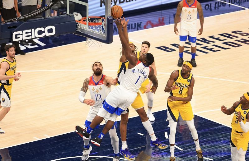 Zion Williamson #1 of the New Orleans Pelicans shoots the ball against the Indiana Pacers at Bankers Life Fieldhouse on February 05, 2021 (Photo by Andy Lyons/Getty Images)