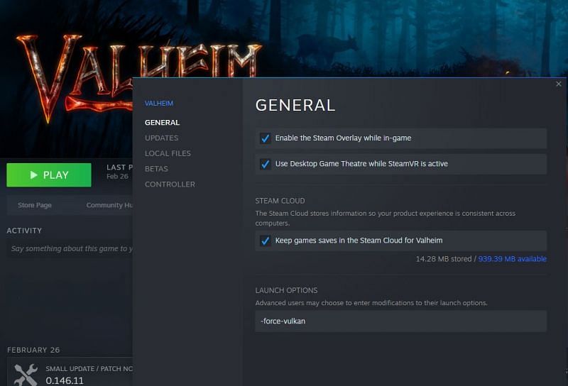 The properties tab for Valheim with the necessary code to activate the Vulkan API (Image via Steam)