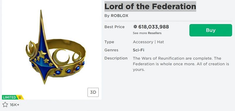 The Lord of the Federation accessory from the Roblox Avatar Shop. (Image via Roblox.com)