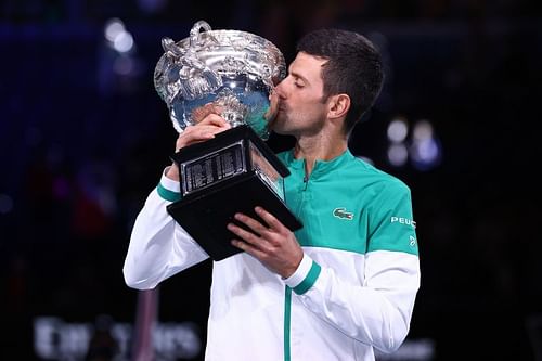 Novak Djokovic with the 2021 Australian Open trophy