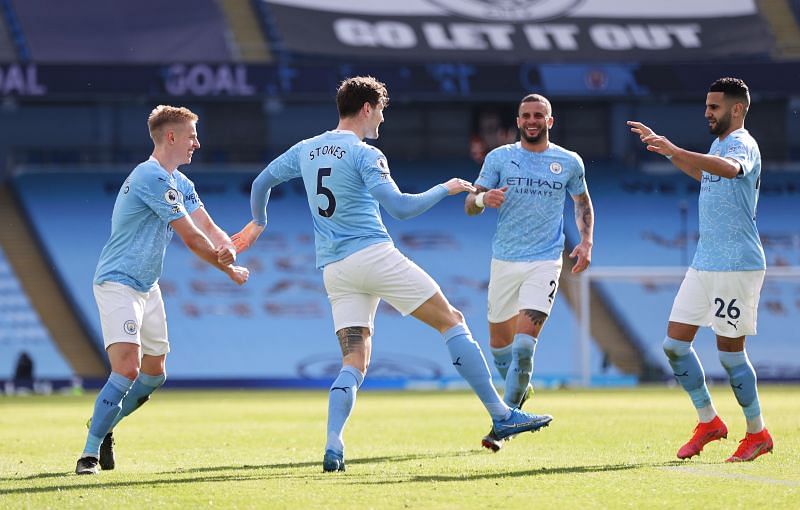 Riyad Mahrez (right) and John Stones (second from left) combined for Manchester City&#039;s winner.