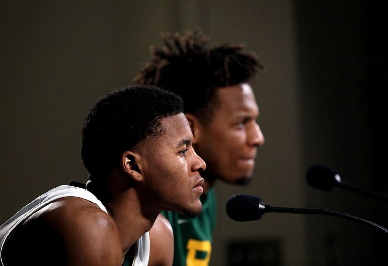 Jared Butler #12 of the Baylor Bears talks with the media