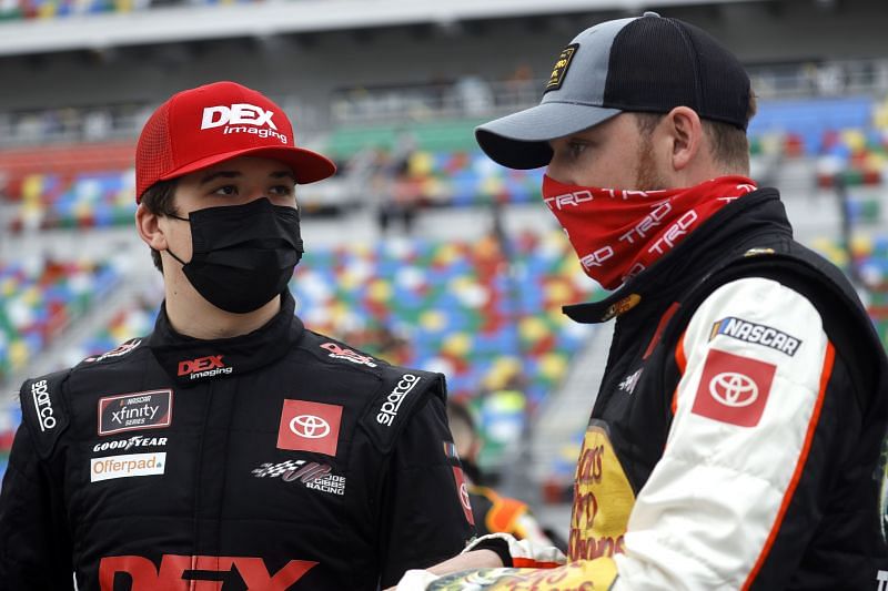 Harrison Burton (left) chats with Ty Dillon before the Beef. What&#039;s for Dinner. 300. (Photo by Chris Graythen/Getty Images)
