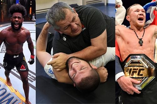 Aljamain Sterling (L), Khabib Nurmagomedov and Abdulmanap Numragomedov (C), Petr Yan (R)