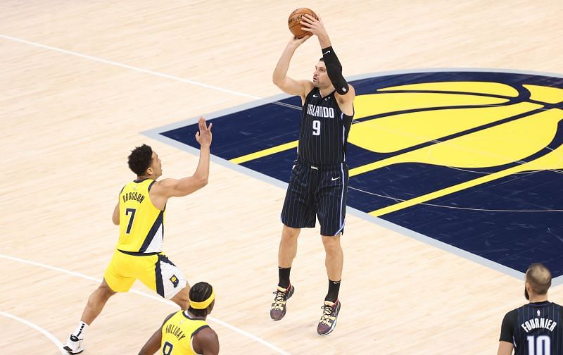 Nikola Vucevic of the Orlando Magic shoots the ball against the Indiana Pacers.