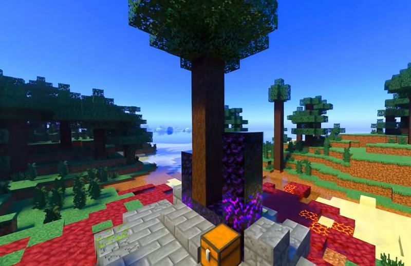 A tree growing out of a Ruined Portal in Minecraft (Image via Minecraft &amp; Chill/YouTube)