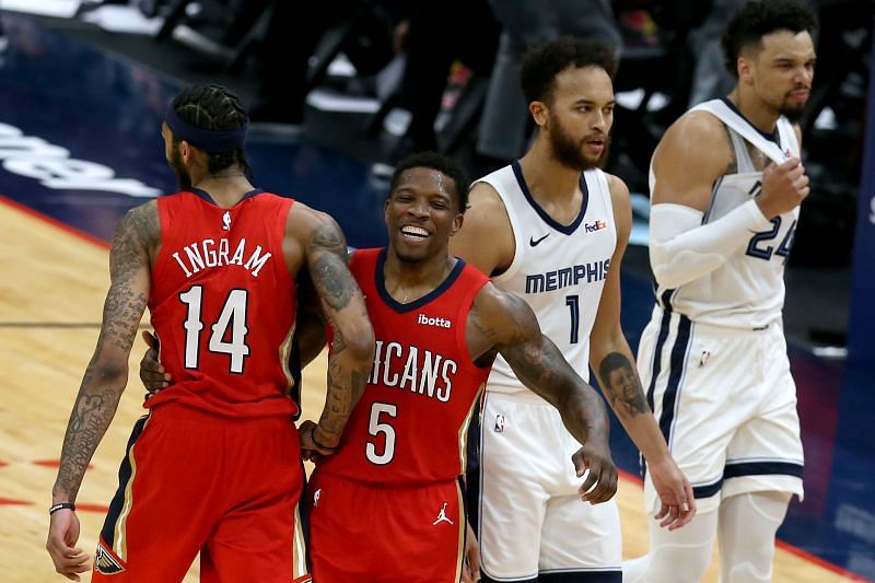Eric Bledsoe of the New Orleans Pelicans congratulates Brandon Ingram of the New Orleans Pelicans