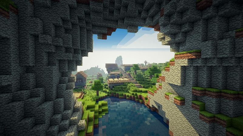 A small city seen in the distance in Minecraft. (Image via wallpapercave.com)