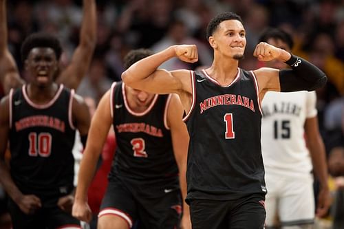 Jalen Suggs #1 of the Gonzaga Bulldogs celebrating back when he was on Minnehaha Academy Red Hawks