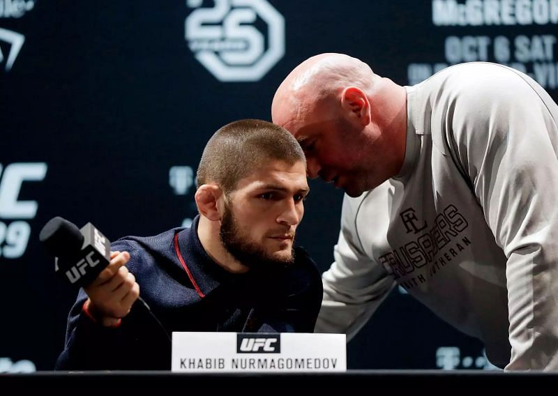 Khabib Nurmagomedov (Left) does not want media to be privy to his discussion with Dana White (Right)