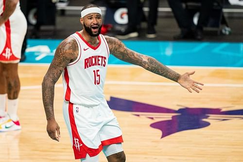 DeMarcus Cousins #15 of the Houston Rockets complains to referees during the third quarter against the Charlotte Hornets . (Photo by Jacob Kupferman/Getty Images)