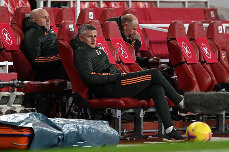 Manchester United manager Ole Gunnar Solskjaer looks on against Arsenal
