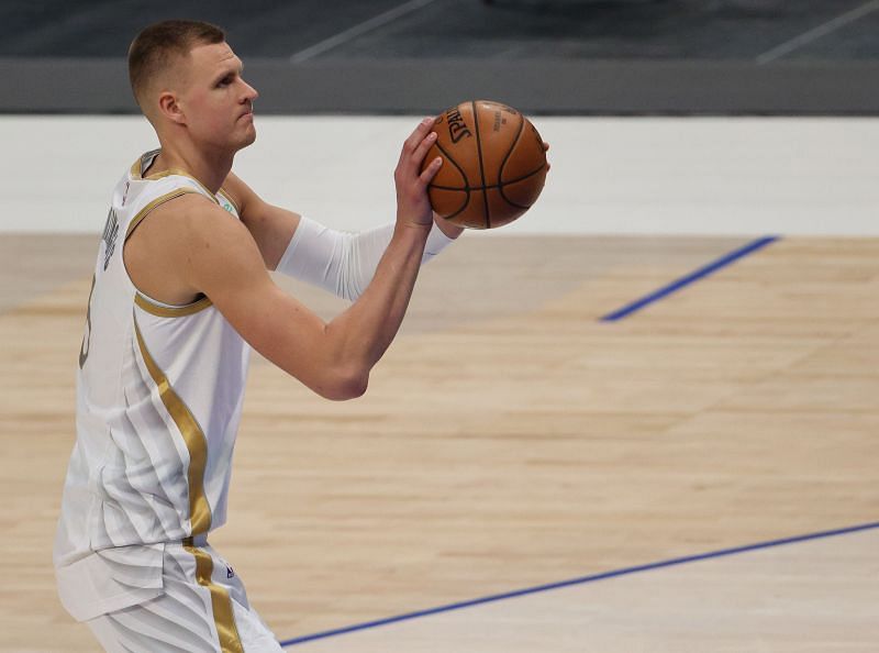 Kristaps Porzingis #6 of the Dallas Mavericks in the fourth quarter at American Airlines Center on February 12, 2021 in Dallas, Texas. (Photo by Ronald Martinez/Getty Images)