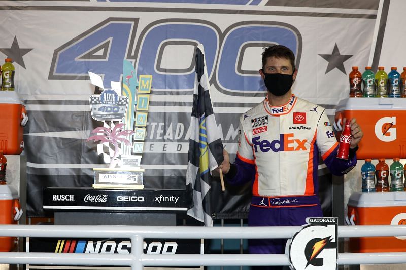 Denny Hamlin looks to go back-to-back in the NASCAR Dixie Vodka 400. (Photo by Chris Graythen/Getty Images)