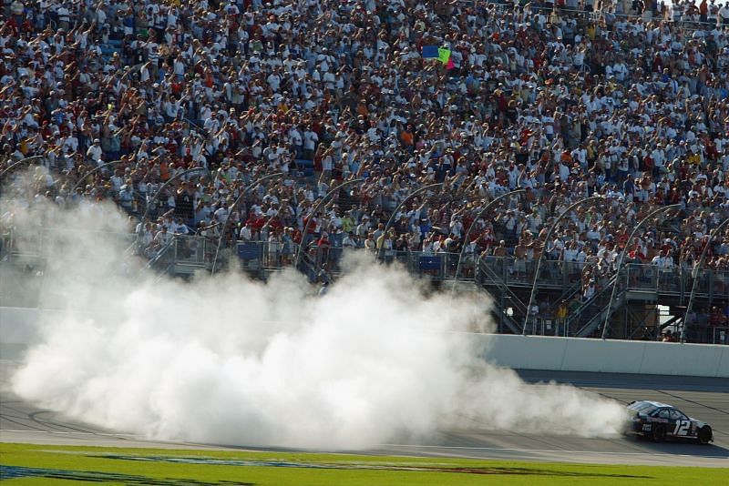 A typical &quot;smoking the tires&quot; celebration after victory in NASCAR. Photo: Getty Images