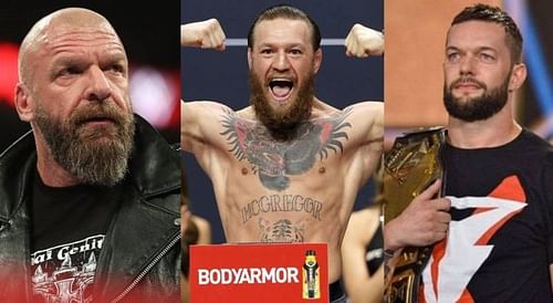 Triple H (left); Conor McGregor (center); Finn Balor (right)