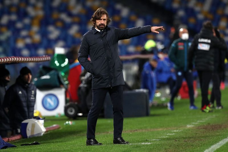 Juventus manager Andrea Pirlo looks on during the Serie A clash against Napoli