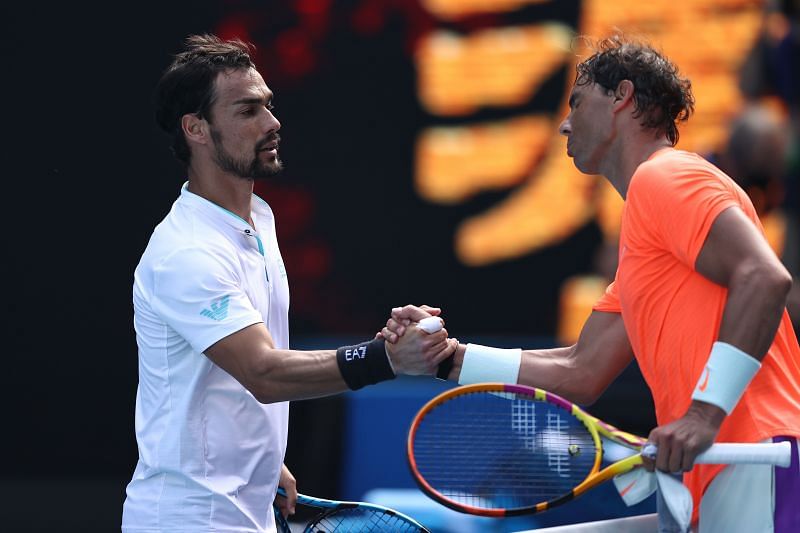 Rafael Nadal and Fabio Fognini at the 2021 Australian Open in Melbourne, Australia.